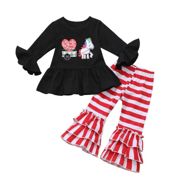 

малыш baby girl kid одежда мультфильм flare рукавом с длинным рукавом + полосатые брюки для девочек нижнее, White