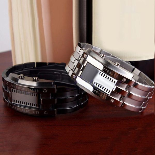 

fashion couple watch men women creative stainless steel clock led date bracelet watch binary wristwatch, Slivery;brown