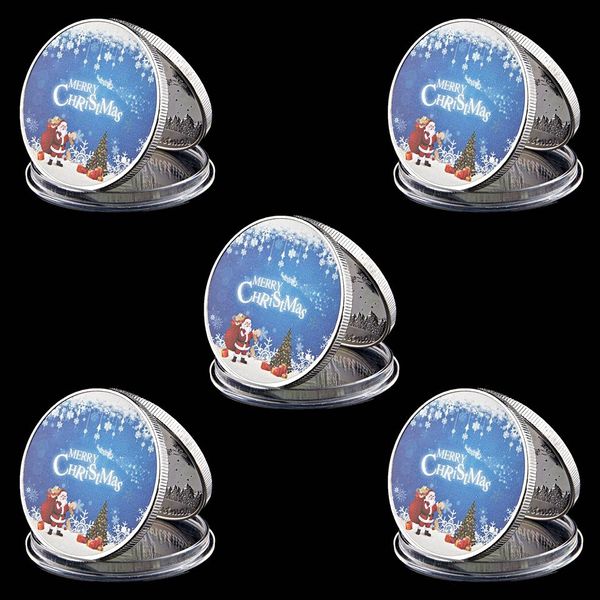 

5pcs Merry Christmas Coin With Santa Claus And Deer Photo Silver Plated Metal Challenge Coin For 2019 New Year Gift