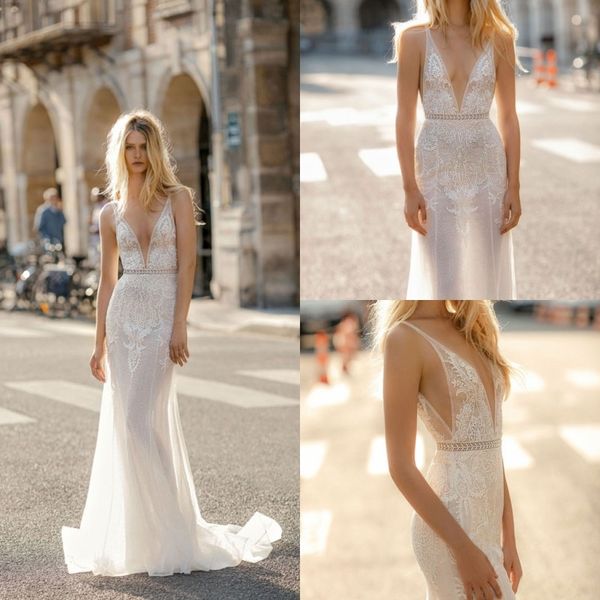 

гали karten 2019 русалка свадебные платья сексуальная иллюзия v шеи кружева аппликация развертки поезд свадебные платья бисер пляж плюс разм, White