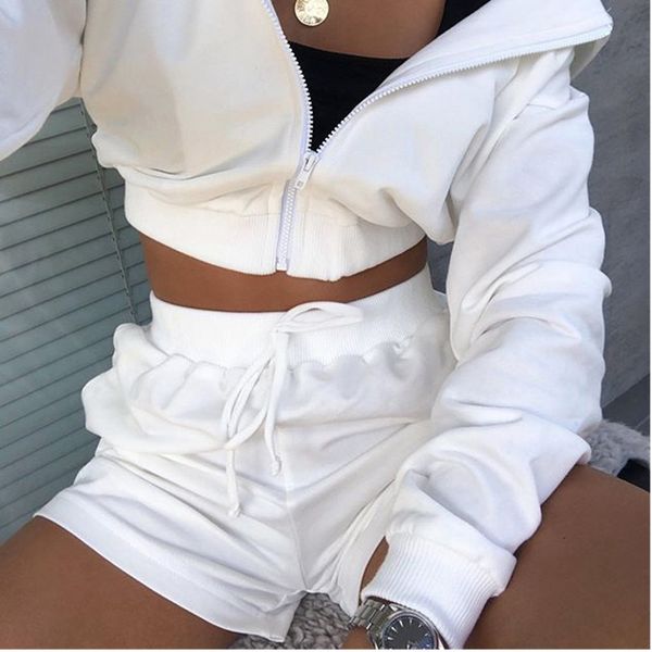 

2020 new 2pcs summer women sports suit crop short hoodie high waist shorts women sportswear set 4 colors, White