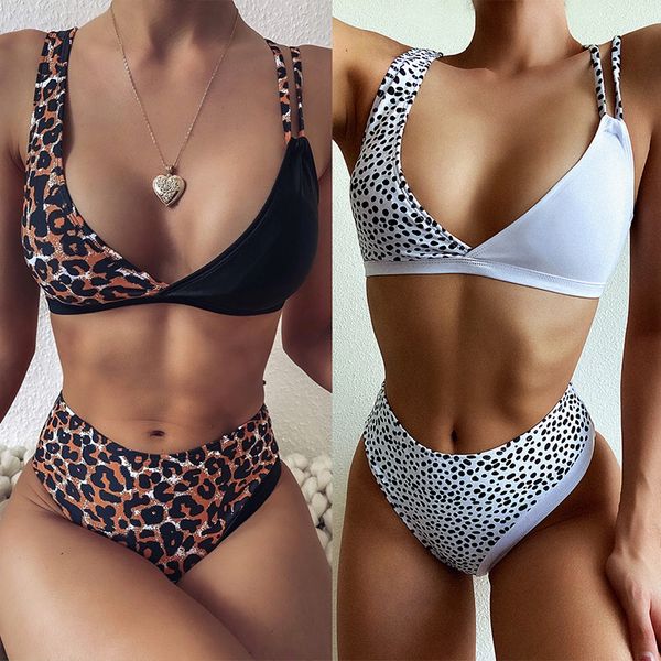 

2020 leopard print stitching multicolor split swimsuit swimsuit, White;black