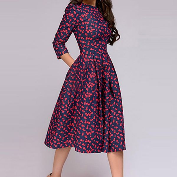 

winter long sleeve dresses women vintage elegant party dress casual print knee length dresses, Black;gray