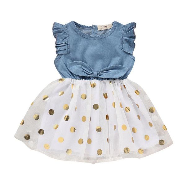 

blue girls clothing dress casual sleeveless solid color denim bow stitching polka dotted netting puff princess dress gifts new, Red;yellow