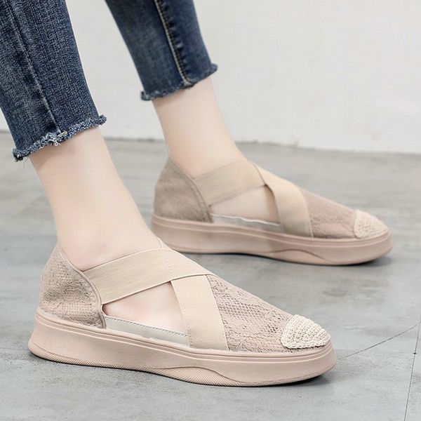 

nice summer women concise sandals flat heels cotton with lace shoes woman mature female casual sneakers style footwear, Black