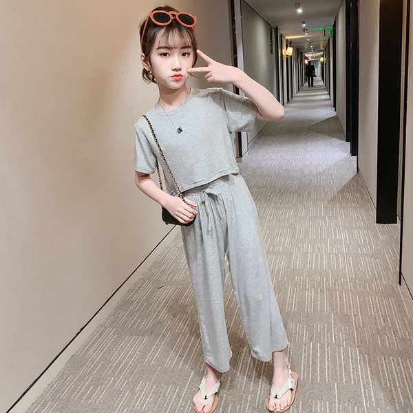 

summer girls одежда set 2020 новый дети сплошной цвет crop t-shirt tops + широкие брюки ноги 2pcs детские эпикировка teen girl одежда t20070, White