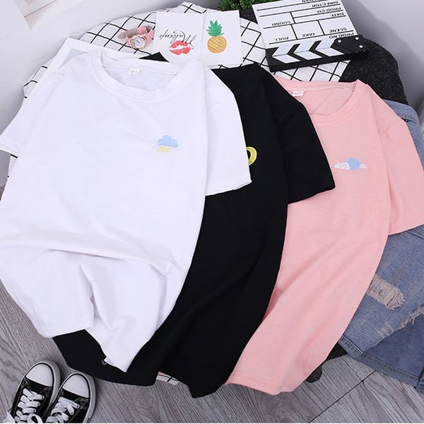 

women clothing women designer shirts t shirt women summer cotton cute cloud lightning vintage embroidered t shirt short sleeve, White