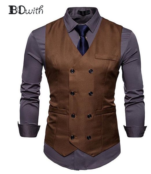 

new arrival brown men's sleeveless slim fit suit vest double breasted eight buttons business dating wedding dress waistcoat, Black;white
