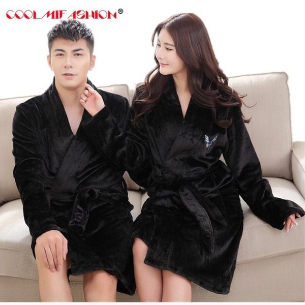 

autumn winter couples flannel robe women gown coral fleece bathing robes thicker warm home clothing butterfly embroidery, Black;red