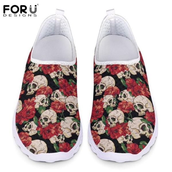 

forudesigns sugar skull with flower pattern women lightweight slip on breathable footwear ladies mesh knit flat shoe plus size, Black