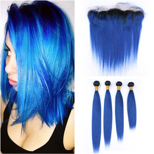 2019 Dark Blue Ombre Virgin Hair Extensions With Frontal 1b Blue