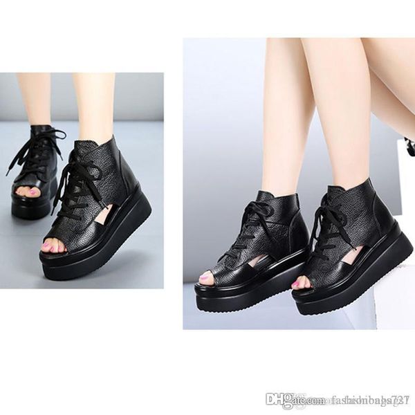 

women wedge sandals lady sandals genuine leather soft leather hollow decoration platform shoes for woman designer luxury, Black