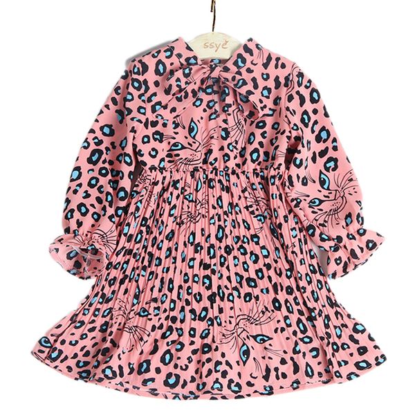 

girls dresses 2020 spring new children's clothing girls fashion sweet chiffon long-sleeved lace pleated leopard dress, Red;yellow