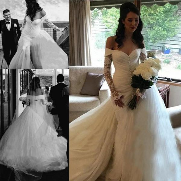 

vintage mermaid wedding dresses off the shoulder buttons sheer long sleeves wedding dress front split country bridal gowns robe de mariée, White