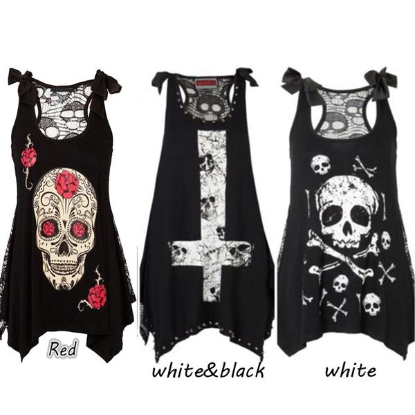 

womens designer t shirts women designer clothes v neck skull black sleeveless hollow out female rock punk skull print women tshirts, White