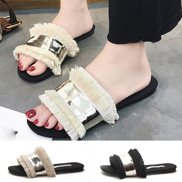 

2019 new arrival summer womens flats fringe sandals slip on sandals ladies shoes beach slippers chaussures femme, Black