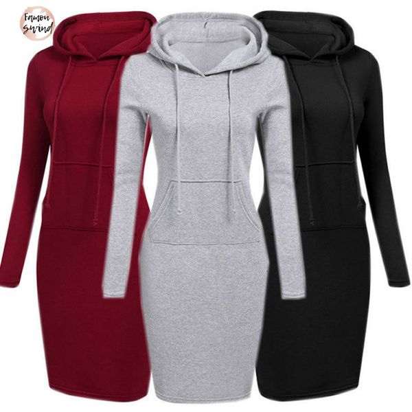 

с капюшоном толстовка платье женщины 2019 осень зима кофты с длинным рукавом толстовки толстовка карманы hoody пуловеры платья пальто, Black