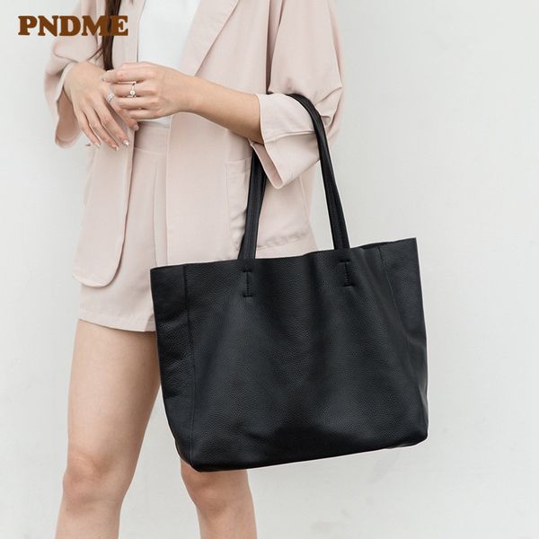 

pndme genuine leather black ladies tote bag casual simple soft cowhide shoulder bag party women's shopping handbag