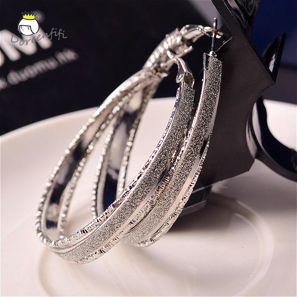 

new charms fashion 3 rows silver gold color frosted big hoop earrings for womens wedding bridal female party jewelry, Golden;silver