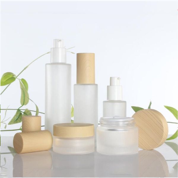 

20g 30g 50g imitated wood lid frosted glass bottle cream jars empty cosmetic jar pump bottle spray bottles 30ml 40ml 60ml 80ml 100ml