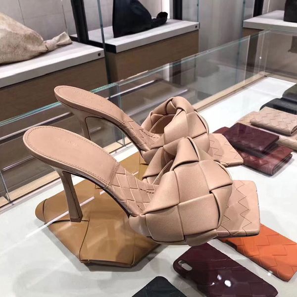 

2020 fashion square toe weave high heels shoes women slippers leather ladies street beach sandals slides shoes, Black