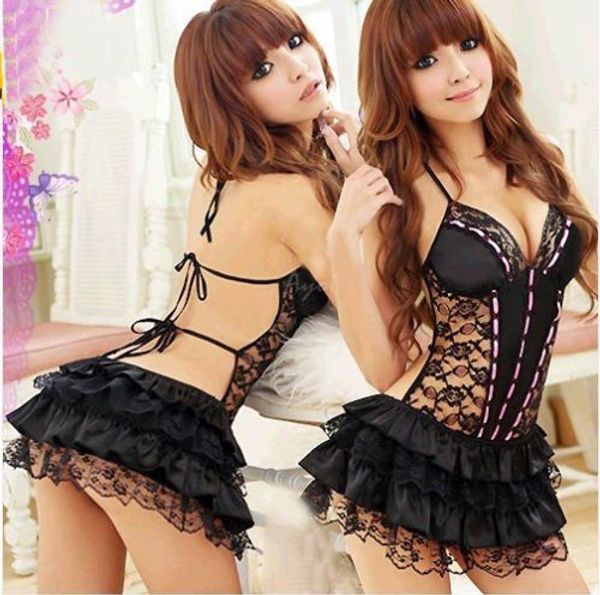 

babydoll dress underwear sleepwear backless lace set+g-string, Black;red