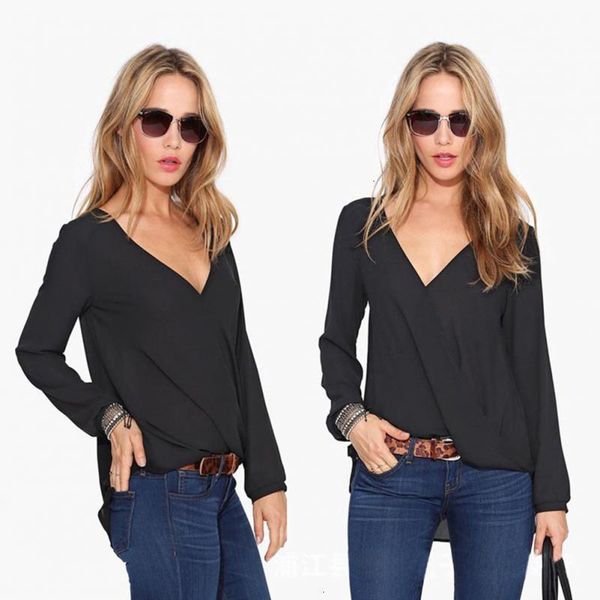 

designer womens blouses v neck 2019 blusas femininas womens blouse solid chiffon blouse lady long sleeve blous blouses shirt 4, White