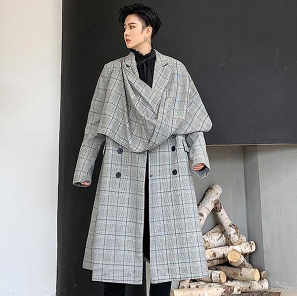 

мужские пальто мужчины пальто шарф мыс двойной брестед длинные пальто мужчины одежда узор сетка с длинным рукавом пальто, к 2020 году новые, Tan;black