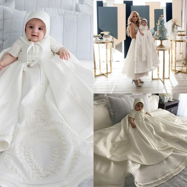 Nova criança bebê vestidos de batismo vestidos de batismo cetim primeira comunhão 2019 com gorro primeira comunicação dress285z