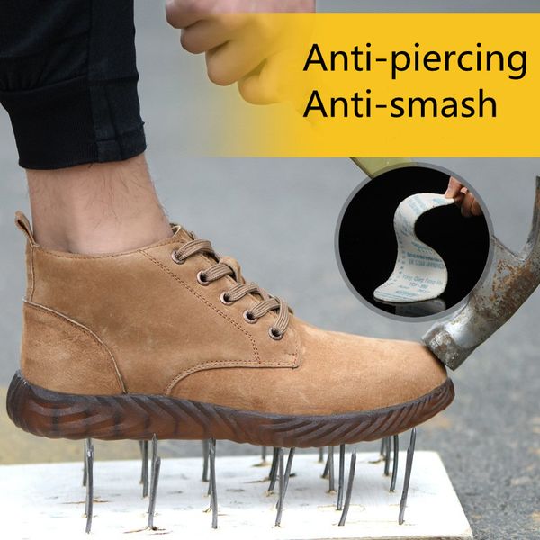 

indestructible men's high breathable suede leather steel toe safety work shoes puncture proof anti smash ankle boots, Black