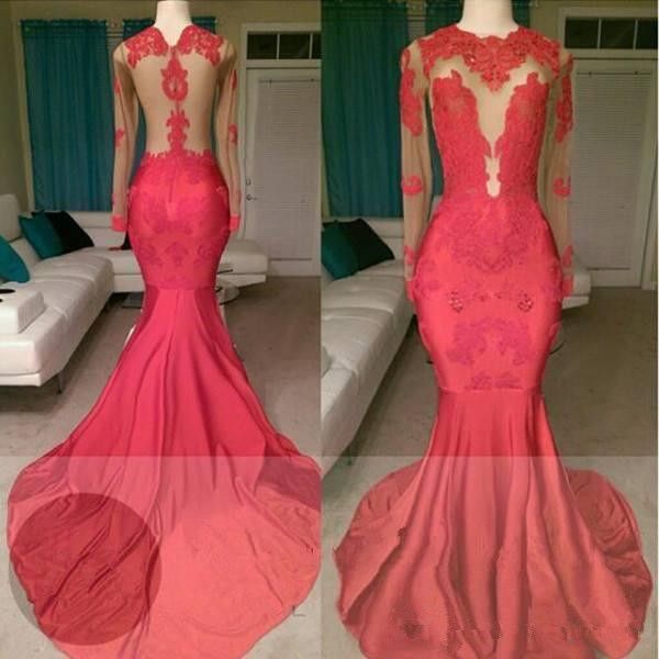 

2019 arabic red long sleeves evening dresses lace appliques mermaid jewel neck illusion backless sweep train prom gowns plus size, Black;red