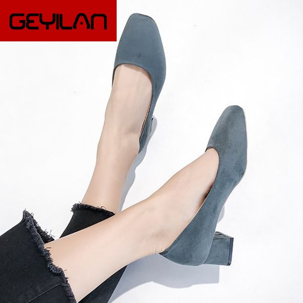 

2020 spring mid heel square toe pumps shoes 5 cm slip on women office work shoes casual weekly flock heels, Black