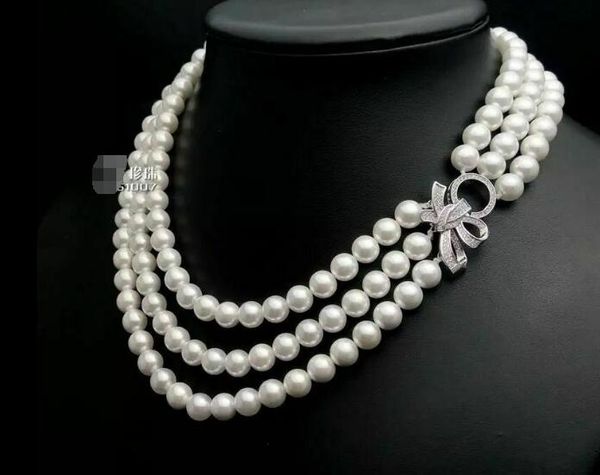 

triple strands 9-10mm south sea round white pearl necklace 18"19"20, Silver