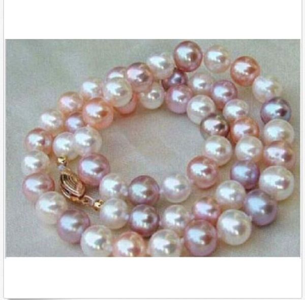 

8-9 mm natural south sea white pink purple pearl necklace 18 inch 14k, Silver