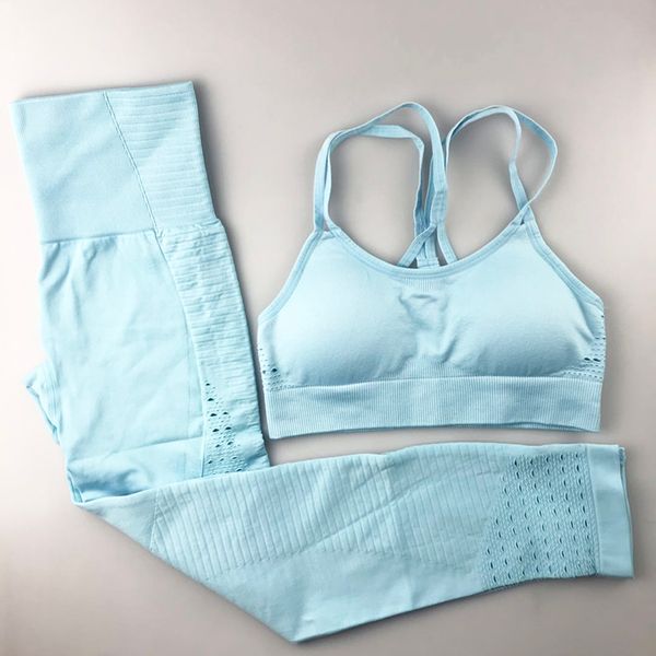 

2pcs blue seamless yoga set women fitness clothing sportswear gym leggings padded push-up hollow strappy sports bra sports suit, White;red