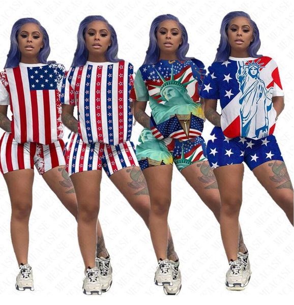 

the american national flag printed women tracksuit short sleeve tees and shorts two piece sports suit brand street outfits s-xxl d61906, White