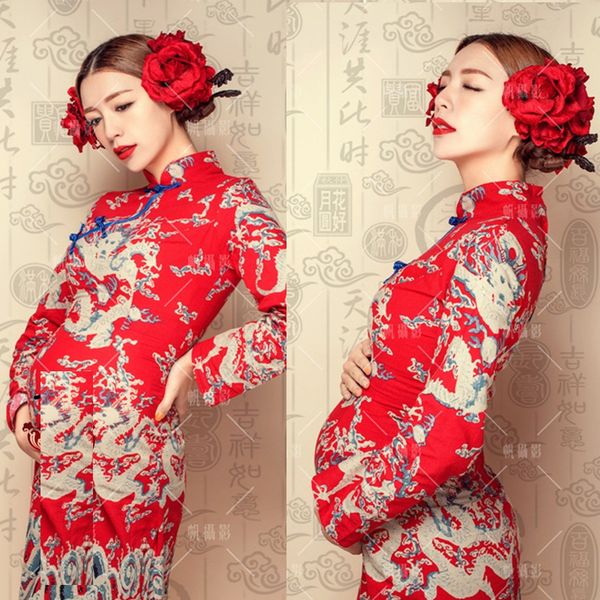 

he dong shi hou chinese style cheongsam qipao costume hanfu pregnancy mum thematic pgraphy costume stage performance hanfu, Black;red