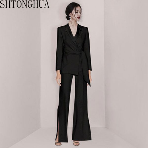 

2020 autumn new workwear two-piece set trendy v-neck long sleeve wrap blazer split wide leg pants suits, White;black