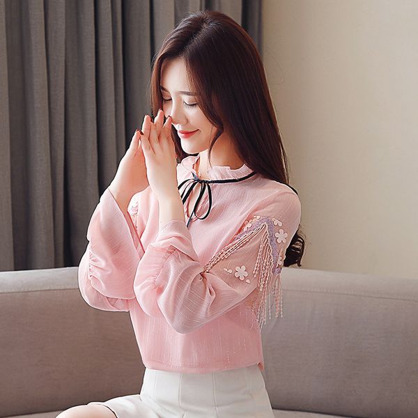 

2019 spring new arrival korean style fairy tasseled flare sleeve chiffon blouse lace-up stand collar women ing, White