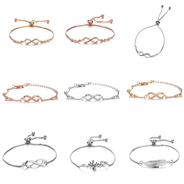 Infinity-Armband, Liebe, Herz, Blatt, Silber, Roségold, verstellbar, Strass, Diamant, Charms, Schmuck, Geschenk für Frauen, Damen, modische Armbänder, Armreif