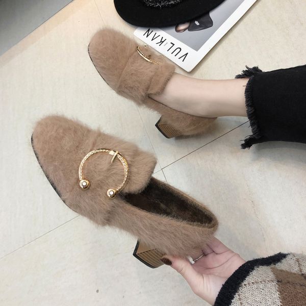 

fur shoes women's autumn and winter wear 2019 new wild fashion high heels thick with square head lok fu shoes plus velvet, Black