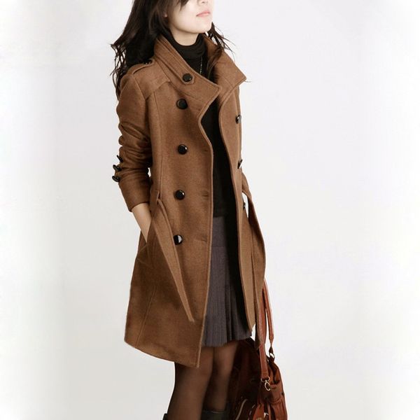 

office lady women long wool blend coat double breaasted cashmere jacket turn-down collar pockets ladies coats, Black