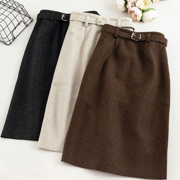 

singrain women woolen skirt autumn winter sashes large size midi long skirts high waist office skirt bodycon split pencil skirt, Black;gray