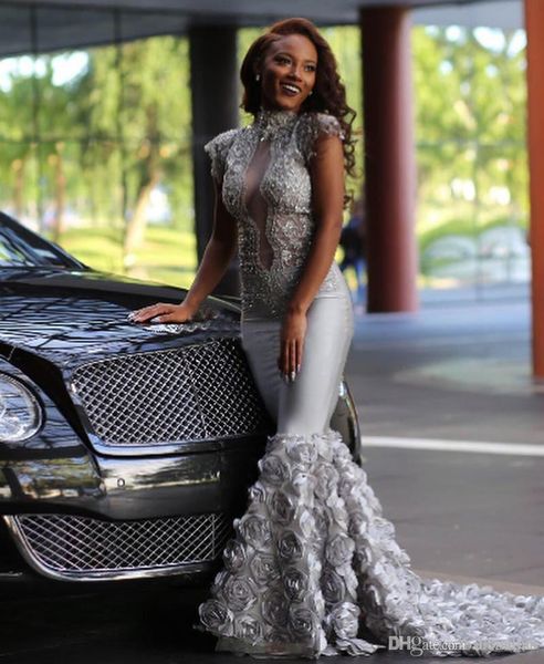 

потрясающие серебряные 3d розовые цветы платья выпускного вечера русалки 2019 южноафриканский арабский высокая шея без рукавов аппликации бл, Black