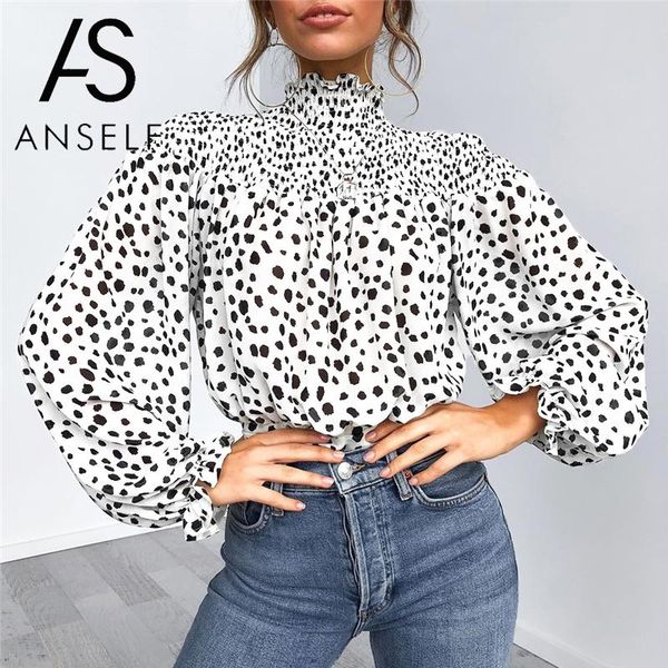 

blouse for women elegant tunics colorful floral leopard print shirts high neck long puff sleeve female oversized street wear, White