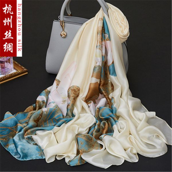 

180x90cm bird flower printed silk chiffon fabric nature silk fabric material sew women dress scarf hg13, Black;white