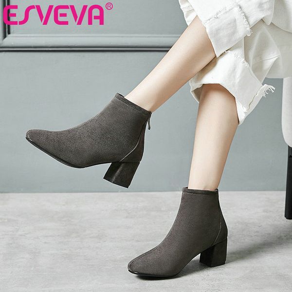 

esveva 2020 flock round toe fashion platform ankle boots autumn winter zipper square high heel casual women shoes size 34-43, Black