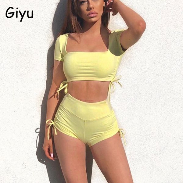 

two piece dress giyu 2 set women 2021 summer sprot tracksuit casual lace up hollow out crop shorts sets bodycon, White