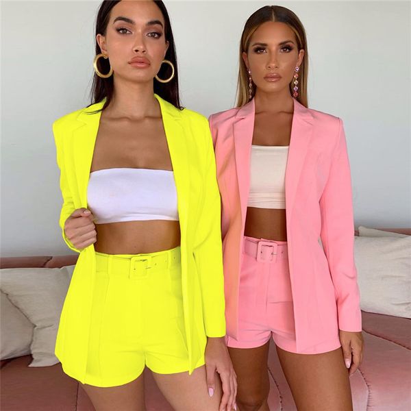 

2020 women's new slim solid color lapel suit workwear jacket temperament fashion shorts small suit two-piece set, White