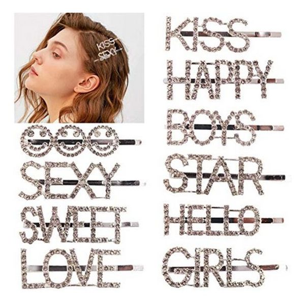 

10 pieces rhinestone letters hair pins sparkly letter hair clip word barrettes pins hair accessories for women lady, Golden;silver